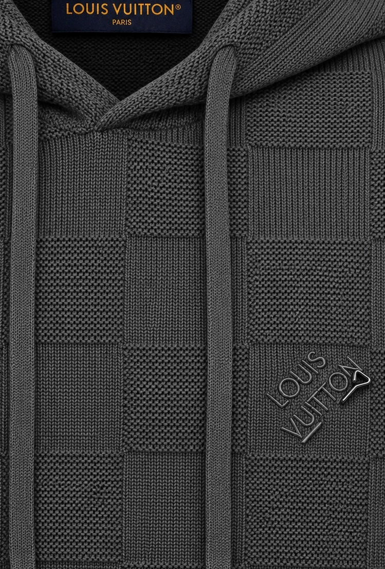 Louis Vuitton Felpa con cappuccio lavorata a maglia da uomo grigia "Damier Stitch Felpa con cappuccio"