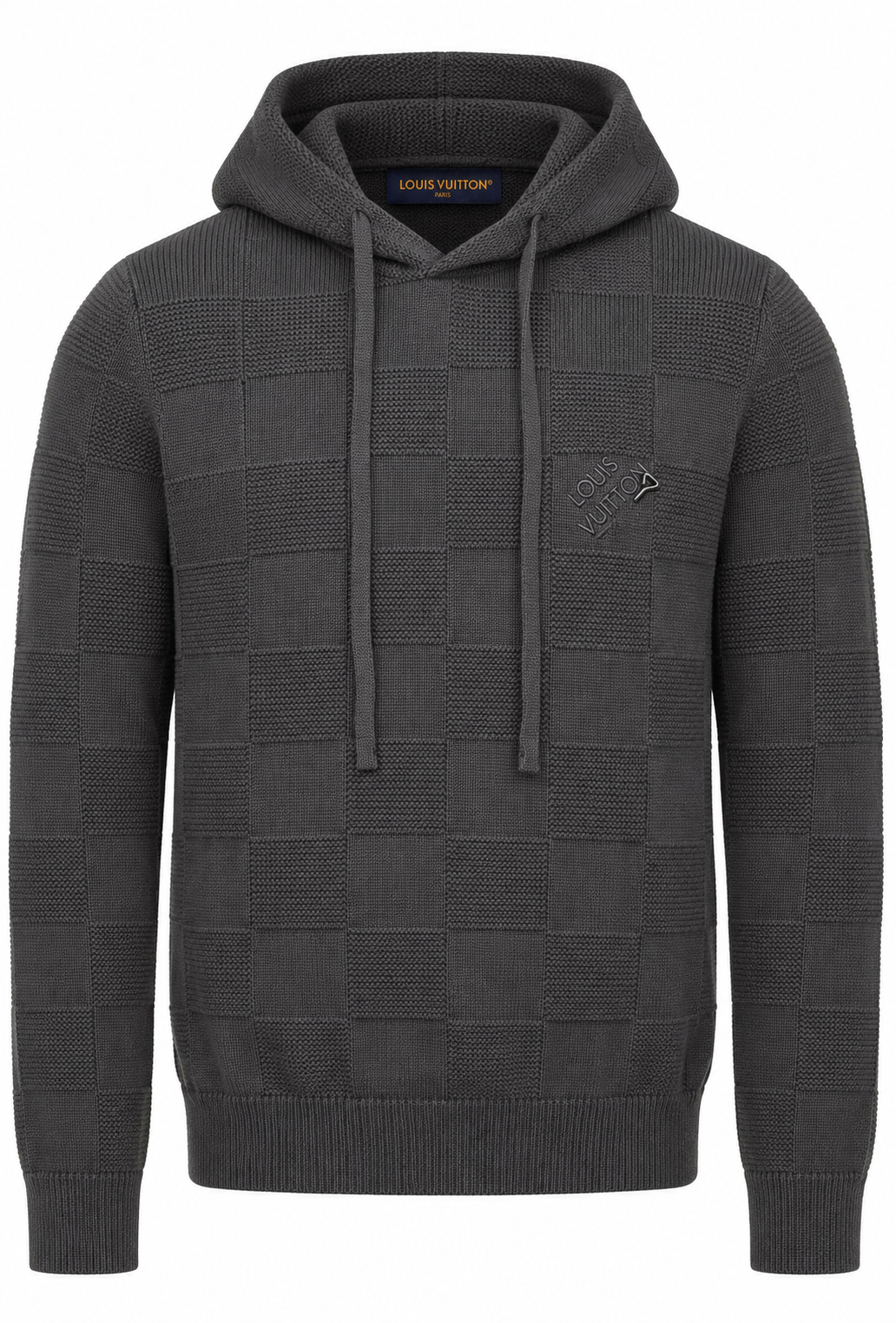 Louis Vuitton Felpa con cappuccio lavorata a maglia da uomo grigia "Damier Stitch Felpa con cappuccio"