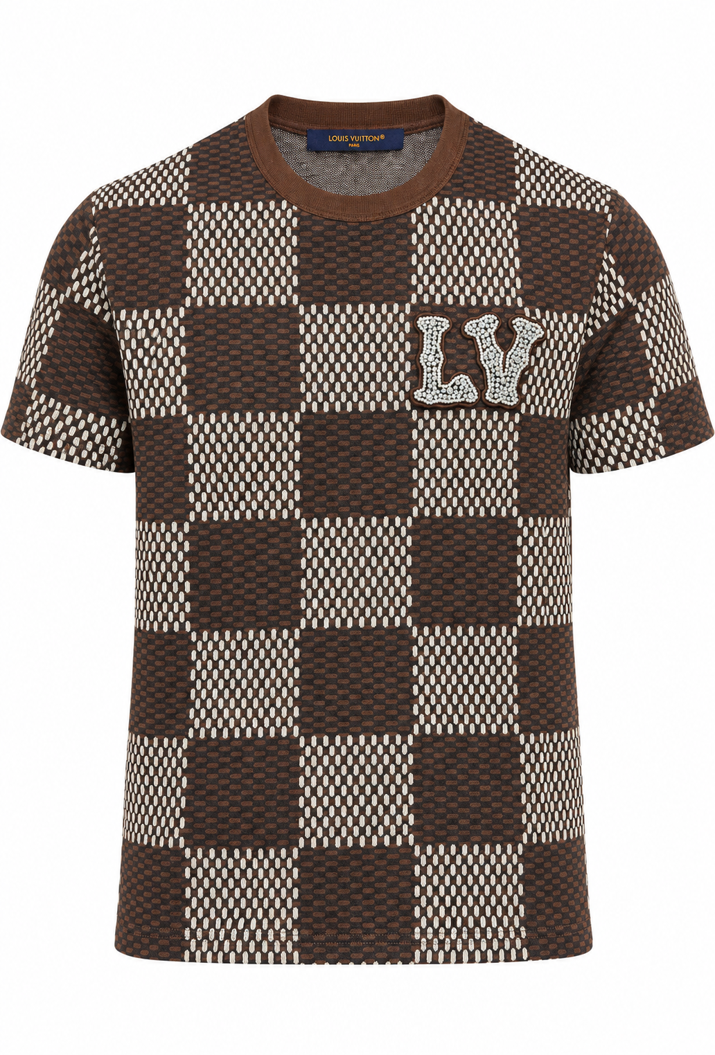 T-shirt da uomo Louis Vuitton marrone "Damier con patch LV di cristallo"