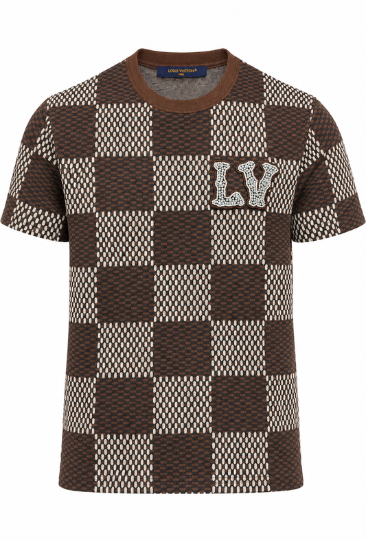 T-shirt da uomo Louis Vuitton marrone "Damier con patch LV di cristallo"