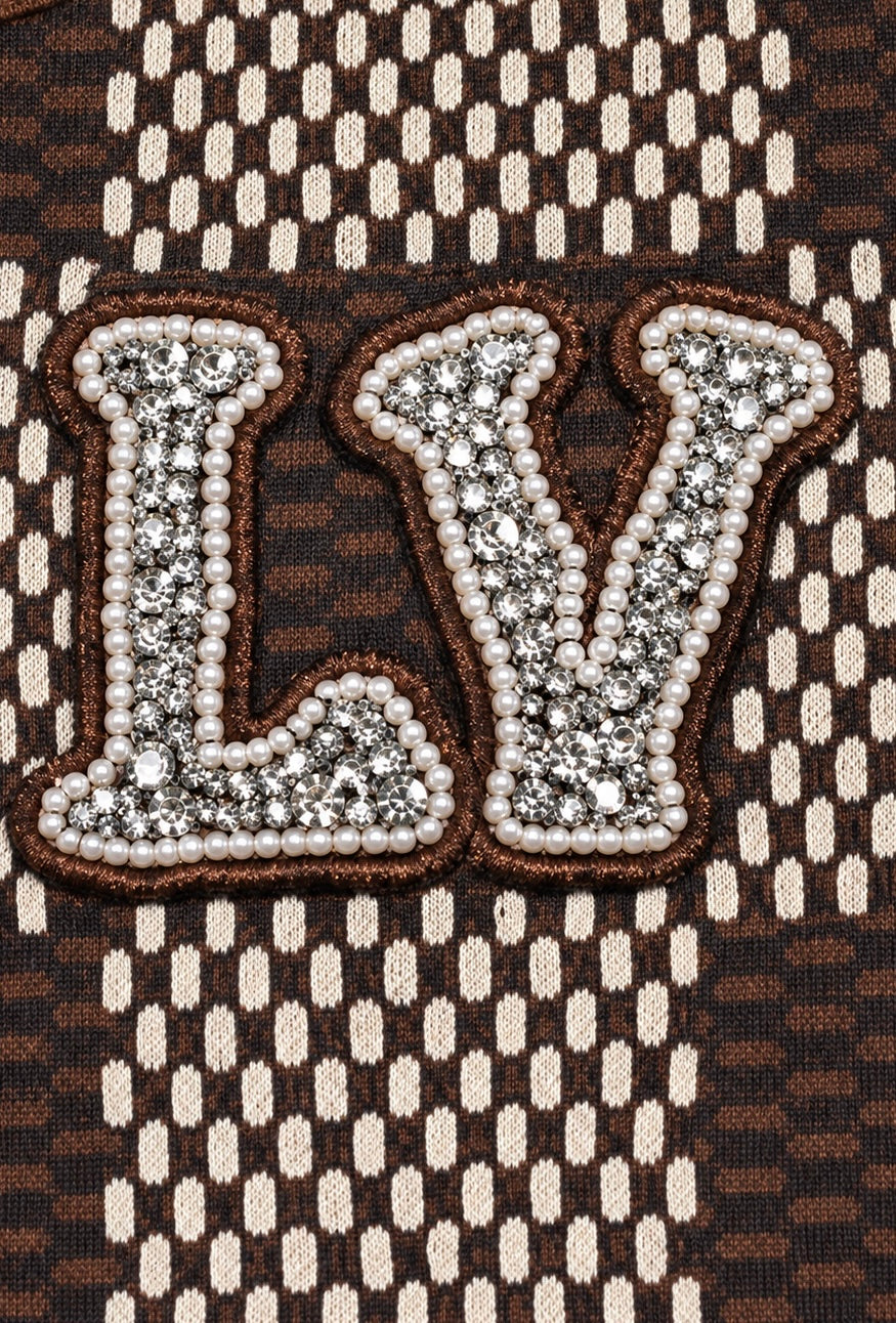 T-shirt da uomo Louis Vuitton marrone "Damier con patch LV di cristallo"