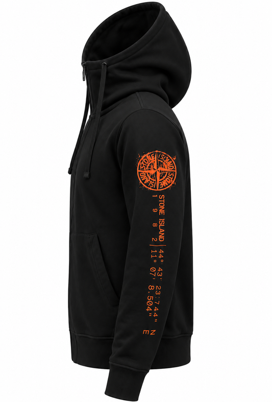 Stone Island Felpa con cappuccio con zip da uomo Nero "Stampa a posizionamento verticale"