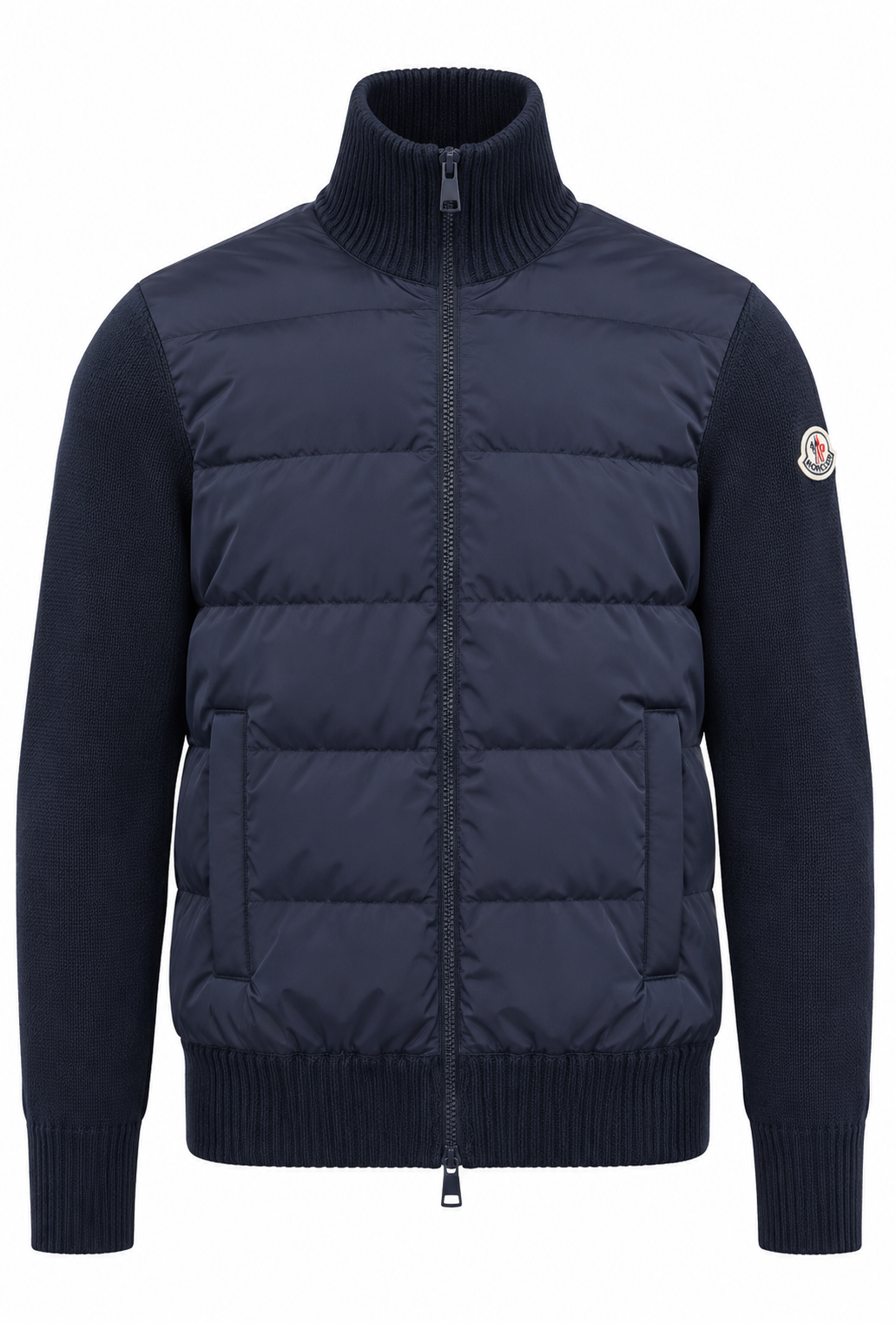 Cardigan da uomo Moncler in maglia di lana imbottita con zip, blu