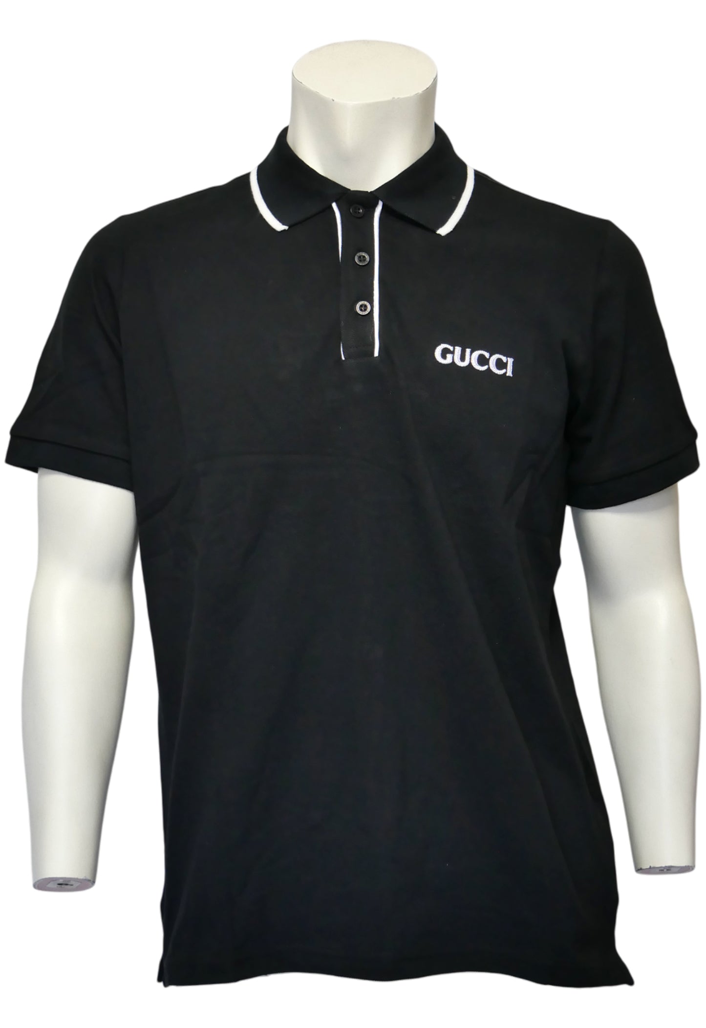 Gucci Herren Poloshirt Schwarz mit Weißem Kragen und Logo-Stickerei – Vorderansicht